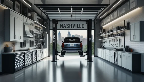 Custom Garage with a Car Lift With the Nashville Skyline In the Background
