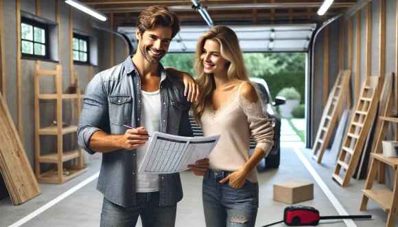 This image features an attractive couple looking at a checklist in an empty garage, capturing the excitement and collaboration involved in the planning phase of a garage renovation project.